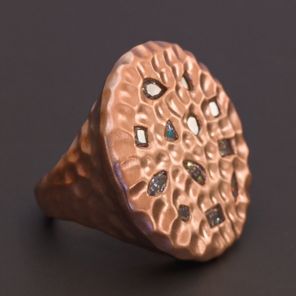 Sterling Silver Hammered Disc Ring with Mixed-Cut CZ — Rose Finish, Size 6